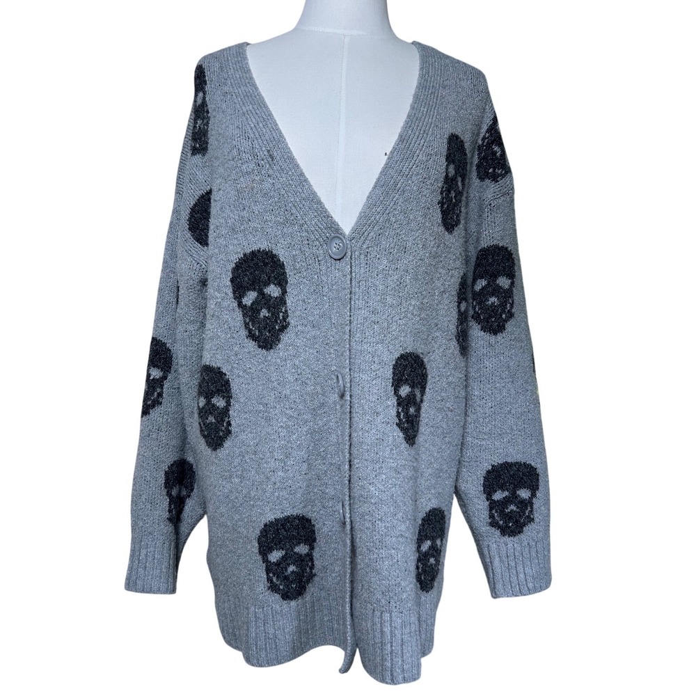 No Boundaries Womens Gray Black Skull Knit Cardigan Sweater Grunge Medium